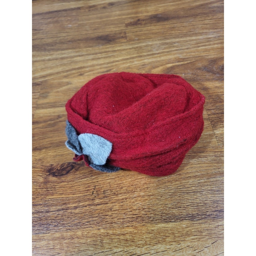 Lafenice Fine Hats Women OS Wool Blend‎ Red Felt 3D Flower Applique Boho Italy